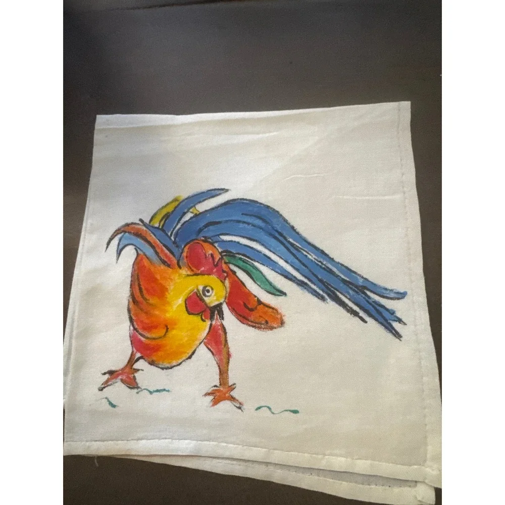 Vintage Hand Painted Rooster Linen Cocktail Napkins Set of 8 Farmhouse Folk Art